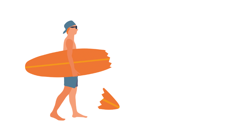 Broken Surfboard Surfer mit beschädigtem Board unter dem Arm – auf dem Weg zur Reparatur.